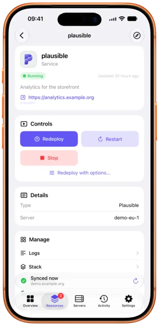 A resource detail screen with its deploy, restart, start and stop controls.