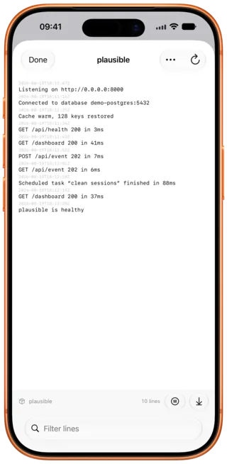 The log viewer, showing container output with a filter field.