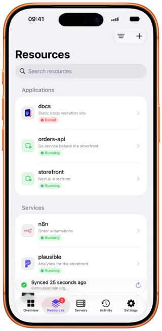 The resource list, showing applications, services and databases with their status.