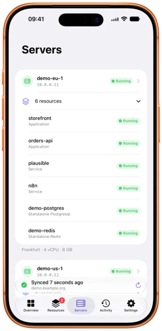 The servers screen, with reachability and the resources each server hosts.